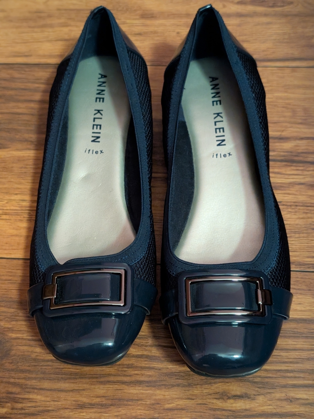 Anne Klein Dark Navy Patent Ballet Flats with Buckle Detail